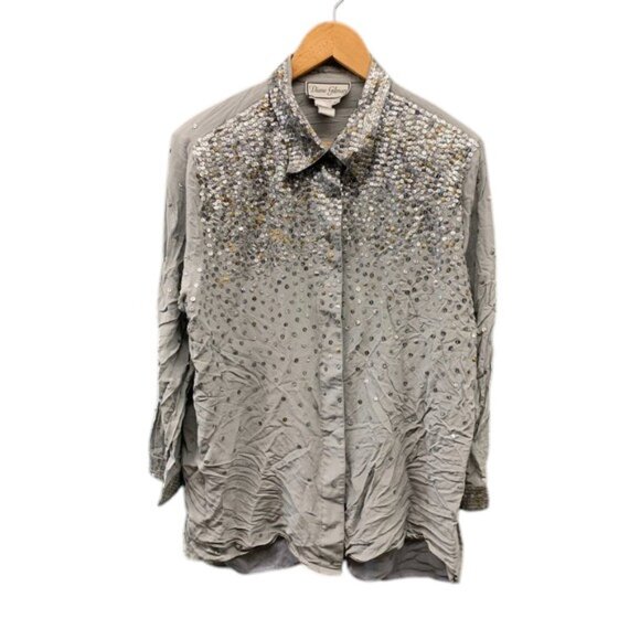 Diane Gilman Women’s 2XL Gray Silk Shirt Beaded Sequin Button Up Blouse Top - Picture 1 of 8